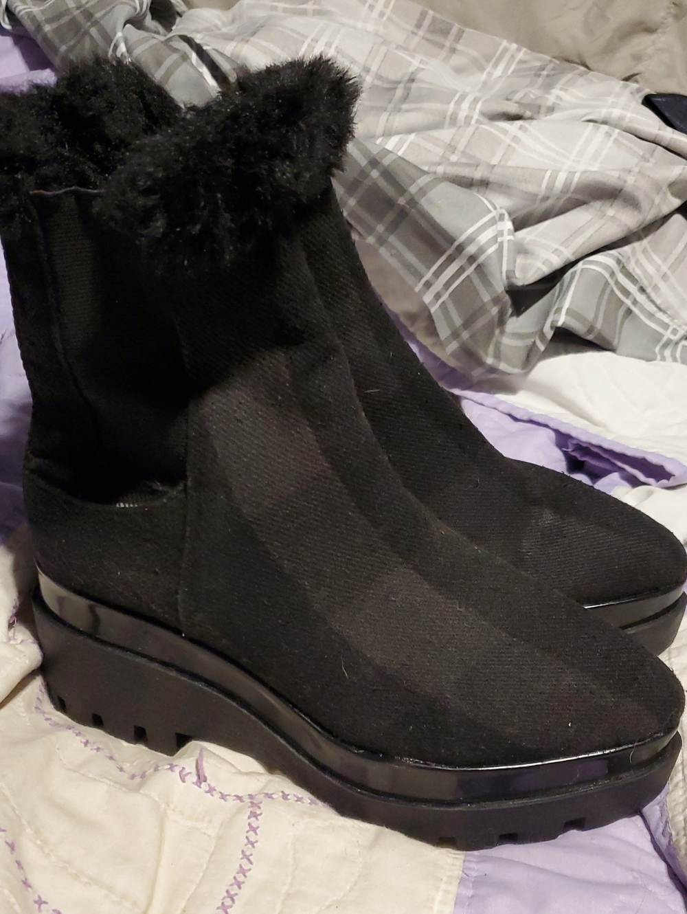 DKNYC Black Faux-Fur Platform Ankle Boots